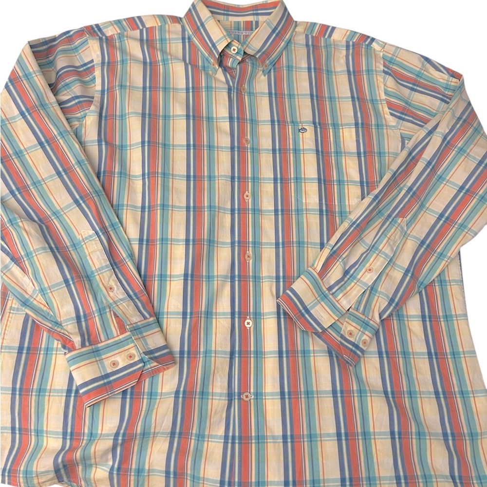 SOUTHERN TIDE Pastel Plaid LS Button Up Shirt Men's XL Blue Yellow Coral/Pink